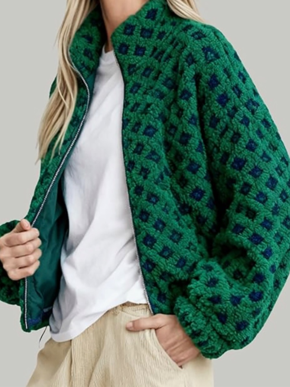 Sherpa Fleece Plaid Cropped Jacket Green Oversized Cozy